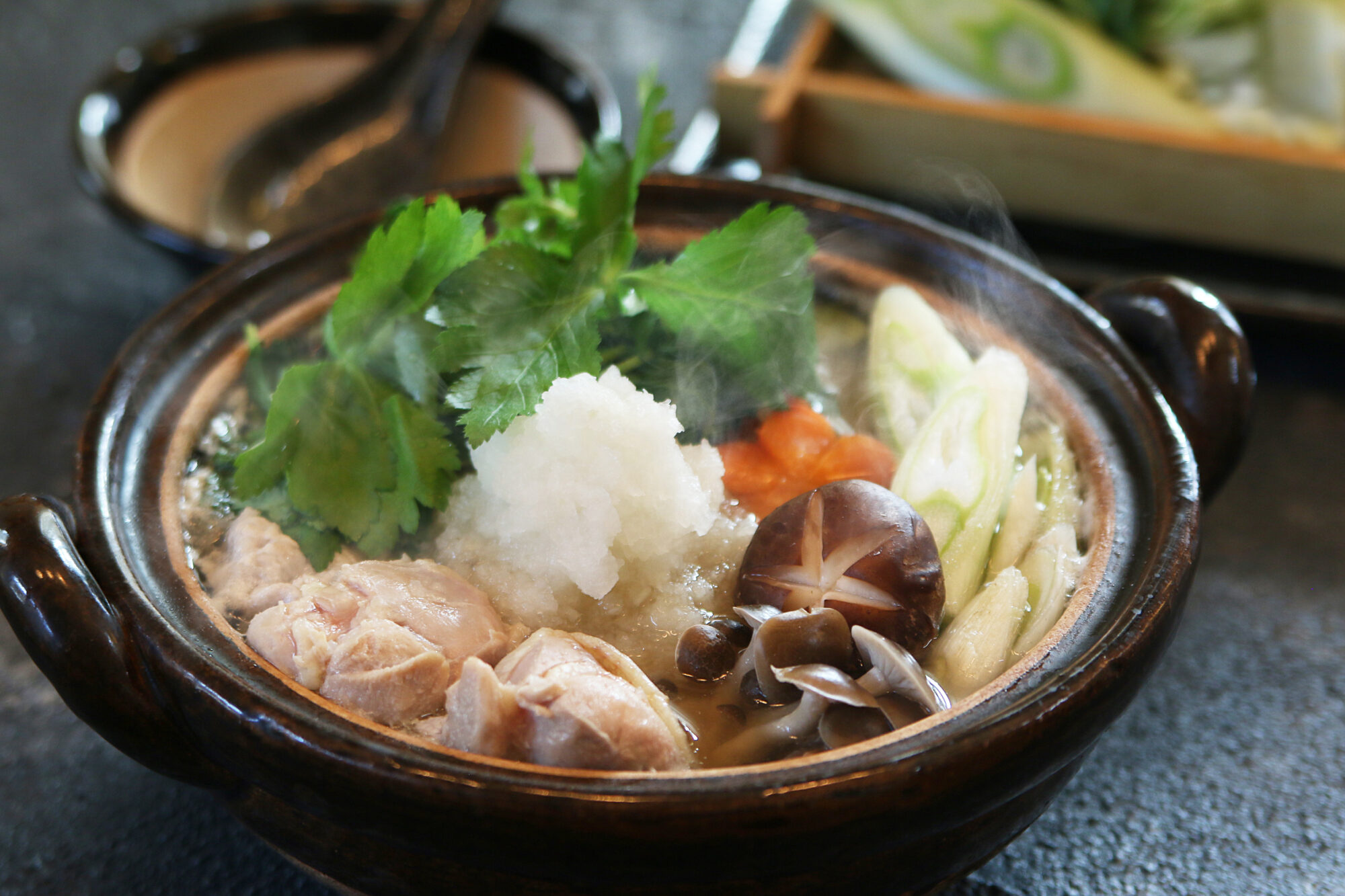 高千穂峡白だしで味わう 鶏と野菜のみぞれ鍋